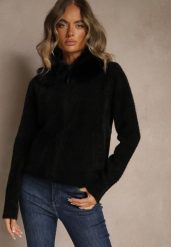 Czarny Zasuwany Kardigan z Wełną z Futerkowym Kołnierzem Asiste. Czarne swetry Renee, s, z aplikacjami, z wełny, bez ramiączek. Za 119.99 zł.