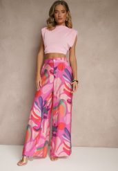 Fuksjowe Spodnie z Wiskozy o Szerokim Kroju High Waist ze Wzorem Liści Ralimia. Czerwone jeansy Renee, m, bez wzorów, z jeansu, eleganckie, z podwyższonym stanem. W wyprzedaży za 79.99 zł.