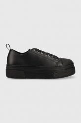 Armani Exchange tenisówki skórzane kolor czarny. Czarne trampki Armani Exchange, bez wzorów, z gumy, bez zapięcia. Za 719.99 zł.