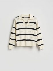 Sweter polo z lnem - złamana biel. Swetry Reserved, l, bez wzorów, z dzianiny, bez ramiączek. Za 199.99 zł.