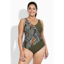 Damskie Strój kąpielowy efekt kopertowy miękkie miseczki ozdobne taśmy. Zielone stroje jednoczęściowe Ulla Popken, bez wzorów, z elastanu, sportowe. Za 239.99 zł.