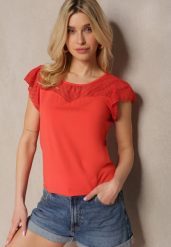 Czerwony Elegancki T-shirt Bluzka z Bawełny z Przezroczystymi Wstawkami Biopara. Czerwone bluzki Renee, m, bez wzorów, z bawełny, eleganckie, bez kołnierzyka, bez ramiączek. W wyprzedaży za 39.99 zł.