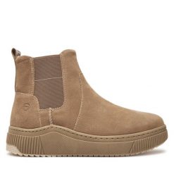 Botki Tamaris. Brązowe botki Tamaris, bez wzorów, bez obcasa, na płaskiej podeszwie, bez zapięcia. Za 349.99 zł.