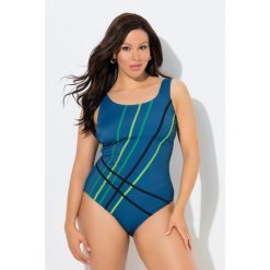 Damski Strój kąpielowy kolorowe wypustki bez miękkich miseczek. Niebieskie stroje jednoczęściowe Ulla Popken, bez wzorów, z elastanu, sportowe. Za 199.99 zł.