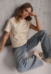 Beżowy Casualowy T-shirt z Bawełny Nealiara. Brązowe t-shirty Renee, m, z aplikacjami, z bawełny, bez kołnierzyka, bez ramiączek. Za 74.99 zł.