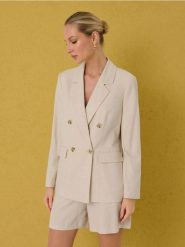 Wiskozowa marynarka dwurzędowa regular fit z domieszką lnu - kremowy. Białe marynarki i żakiety Sinsay, l, bez wzorów, z wiskozy, bez ramiączek. Za 79.99 zł.