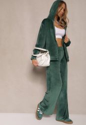 Zielony Komplet Dresowy z Welurowego Materiału Bluza i Spodnie na Gumce Salliren. Zielone bluzy Renee, plus size, bez wzorów, z dresówki, eleganckie, bez ramiączek, bez kaptura. W wyprzedaży za 71.99 zł.