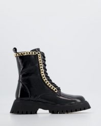 BOTKI Z ŁAŃCUCHEM 51C0591 BLACK. Czarne botki Venezia, bez wzorów, ze skóry, bez obcasa, bez zapięcia. Za 359.00 zł.