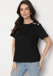 Czarny T-shirt z Bawełną i Ozdobnymi Guzikami Edivona. Czarne t-shirty Born2be, m, bez wzorów, z bawełny, eleganckie, bez kołnierzyka, bez ramiączek. Za 119.99 zł.