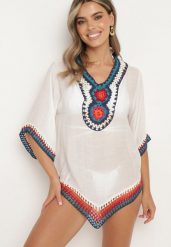 Biała Boho Bluzka Narzutka z Rękawem 3/4 Dimette. Białe bluzki Born2be, z aplikacjami, z jeansu, boho, bez kołnierzyka, bez ramiączek. Za 49.99 zł.
