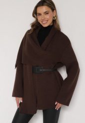 Brązowy Wiskozowy Kardigan z Paskiem i Narzutką Rewedisa. Brązowe swetry Born2be, bez wzorów, z dzianiny, biznesowe, bez ramiączek. Za 199.99 zł.