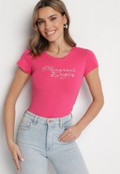 Fuksjowy T-shirt z Bawełny z Ozdobnym Napisem Asemi. Czerwone t-shirty Born2be, l, bez wzorów, z bawełny, bez kołnierzyka, bez ramiączek. Za 49.99 zł.