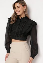 Czarna Koszula o Krótkim Fasonie z Żabotem Rippla. Czarne koszule Born2be, m, bez wzorów, eleganckie, bez kołnierzyka, bez ramiączek. Za 159.99 zł.