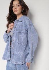 Jasnoniebieska Oversizowa Kurtka Jeansowa w Marmurkowy Wzór Stefamia. Niebieskie kurtki Born2be, m, bez wzorów, z jeansu, eleganckie, bez kaptura. W wyprzedaży za 153.99 zł.