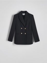 Dwurzędowa marynarka z dodatkiem wełny - czarny. Czarne marynarki i żakiety Reserved, l, bez wzorów, z tkaniny, bez ramiączek. W wyprzedaży za 179.99 zł.