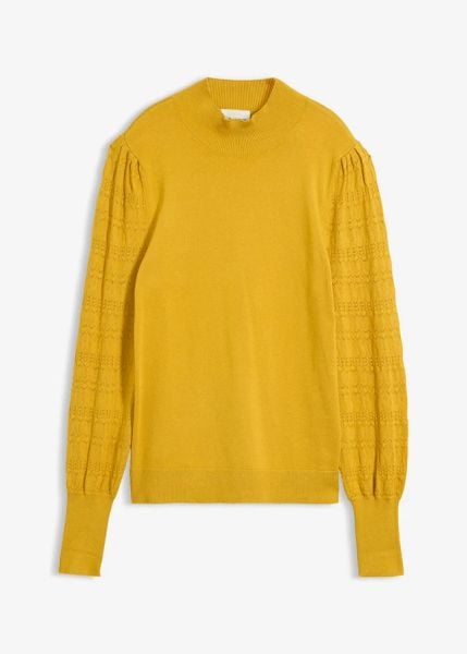 Cienki sweter z ażurem. Żółte swetry bonprix, w ażurowe wzory, bez ramiączek. Za 124.99 zł.
