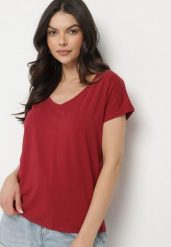Bordowy Bawełniany T-shirt z Trójkątnym Dekoltem Linarosea. Czerwone t-shirty Born2be, l, bez wzorów, z bawełny, bez kołnierzyka, bez ramiączek. W wyprzedaży za 38.24 zł.