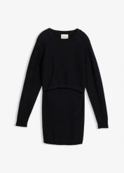 Komplet ciążowy: sweter i spódnica na okres ciąży i po nim, z bawełny organicznej (2 części). Czarne kombinezony bonprix, bez wzorów, z bawełny, moda ciążowa, bez ramiączek. Za 249.99 zł.