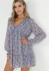 Niebiesko-Fioletowa Sukienka Mini z Falbanką i Gumką w Pasie Annis. Niebieskie sukienki Born2be, na co dzień, l, bez wzorów, eleganckie, bez kołnierzyka, bez ramiączek, mini. W wyprzedaży za 125.99 zł.