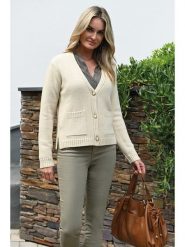 Bleu d'Azur Kardigan "Basil" w kolorze kremowym rozmiar: 40/42. Brązowe swetry Bleu d'Azur, w ażurowe wzory, z wełny, klasyczne, bez ramiączek. Za 127.65 zł.