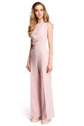 Elegancki Kombinezon z Szerokimi Nogawkami - Pudrowy. Czarne kombinezony MOE, l, bez wzorów, z elastanu, eleganckie, bez kołnierzyka, bez ramiączek. Za 263.90 zł.