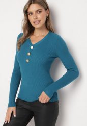 Niebieski Sweter z Bawełną z Prążkowanego Materiału Ozdobiony Guzikami Zinfera. Niebieskie swetry Born2be, uniwersalny, bez wzorów, z bawełny, klasyczne, bez ramiączek. Za 44.99 zł.