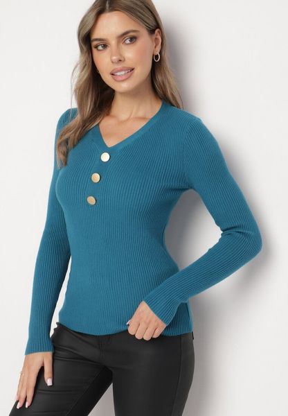 Niebieski Sweter z Bawełną z Prążkowanego Materiału Ozdobiony Guzikami Zinfera. Niebieskie swetry Born2be, uniwersalny, bez wzorów, z bawełny, klasyczne, bez ramiączek. Za 44.99 zł.