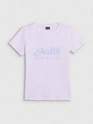 4F T-shirt slim z nadrukiem damski - biały L. Białe t-shirty 4f, l, bez wzorów, z dzianiny, bez kołnierzyka, bez ramiączek. Za 59.99 zł.