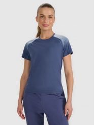 4F Koszulka do biegania w terenie szybkoschnąca damska - granatowa L. Niebieskie t-shirty sportowe 4f, l, bez wzorów, z materiału, bez ramiączek, do biegania. Za 129.99 zł.
