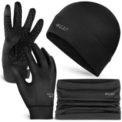 Zestaw termiczny unisex - czapka, komin i rękawiczki 4FIZJO. Czarne czapki zimowe 4FIZJO, na zimę, bez wzorów, sportowe. Za 99.99 zł.