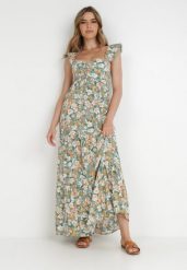 Miętowa Sukienka Euphora. Zielone sukienki Born2be, l, z aplikacjami, eleganckie, bez kołnierzyka, bez ramiączek, maxi, rozkloszowane. Za 129.99 zł.