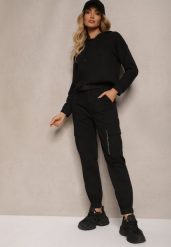 Czarne Spodnie High Waist z Bawełny o Kroju Bojówek z Gumką na Nogawkach i PaskiemCitia. Czarne jeansy Renee, s, bez wzorów, z bawełny, eleganckie, z podwyższonym stanem. W wyprzedaży za 83.99 zł.