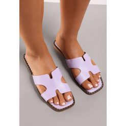 Fioletowe Klapki Polmy. Fioletowe klapki Renee, z aplikacjami, z otwartym noskiem, bez obcasa, na płaskiej podeszwie, bez zapięcia. W wyprzedaży za 38.99 zł.