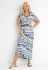 Niebieska Rozkloszowana Sukienka Maxi z Gumką w Pasie i Kopertowym Dekoltem Orela. Niebieskie sukienki Born2be, l, bez wzorów, z tkaniny, bez kołnierzyka, bez ramiączek, maxi, kopertowe. Za 49.99 zł.