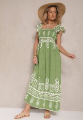 Zielona Wiskozowa Sukienka Rozkloszowana w Ornamentalny Wzór Lisaretia. Zielone sukienki Renee, na co dzień, l, z aplikacjami, z wiskozy, eleganckie, bez kołnierzyka, bez ramiączek, maxi, rozkloszowane. W wyprzedaży za 67.99 zł.