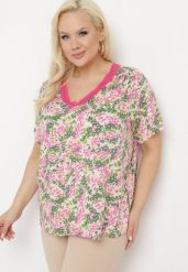 Różowo-Zielona Wiskozowa Bluzka z Krótkim Rękawem i Dekoltem Typu V-Neck Natloza. Czerwone bluzki Born2be, l, bez wzorów, z wiskozy, bez kołnierzyka, bez ramiączek. W wyprzedaży za 59.49 zł.
