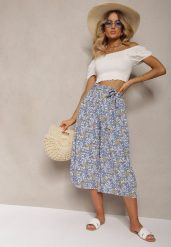 Niebieskie Spodnie z Szerokimi Nogawkami High Waist z Bawełną Paskiem i Gumką w Talii Drosofia. Niebieskie jeansy Renee, l, bez wzorów, z bawełny, eleganckie, z podwyższonym stanem. W wyprzedaży za 29.99 zł.