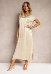 Beżowa Casualowa Sukienka z Wiskozy Oversize o Pudełkowym Kroju Morarose. Brązowe sukienki Renee, bez wzorów, z materiału, bez kołnierzyka, bez ramiączek, midi, oversize. W wyprzedaży za 118.99 zł.