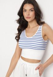Biało-Niebieski Tank Top w Paski z Prążkowanej Tkaniny Sesillia. Niebieskie topy Born2be, s, bez wzorów, z jeansu, eleganckie, bez kołnierzyka, bez ramiączek. Za 39.99 zł.