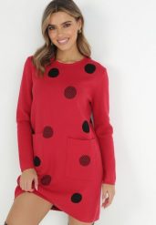 Czerwona Tunika Oversize w Kropki Baci. Czerwone tuniki Born2be, s, bez wzorów, z dzianiny, bez kołnierzyka, bez ramiączek. W wyprzedaży za 97.49 zł.
