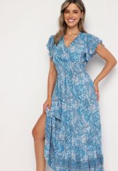Niebieska Rozkloszowana Kopertowa Sukienka z Bawełny o Wzorze Paisley z Gumką w Talii Zonne. Niebieskie sukienki Born2be, na co dzień, l, bez wzorów, z bawełny, eleganckie, bez kołnierzyka, bez ramiączek, mini, kopertowe. W wyprzedaży za 42.49 zł.