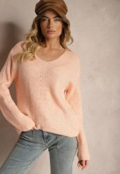 Jasnoróżowy Sweter w Klasycznym Stylu z Trójkątnym Dekoltem Omelisa. Czerwone swetry Renee, l, bez wzorów, z jeansu, biznesowe, bez ramiączek. W wyprzedaży za 79.99 zł.