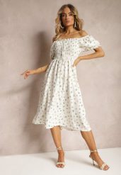 Biało-Zielona Kwiecista Sukienka Hiszpanka z Marszczonym Dekoltem i Falbanką Claperia. Białe sukienki Renee, na spotkanie biznesowe, bez wzorów, bez kołnierzyka, bez ramiączek, midi, rozkloszowane. Za 89.99 zł.