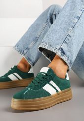 Zielone Sneakersy Kultowe Tenisówki z Ozdobnymi Paskami Vandell. Zielone trampki Renee, bez wzorów, z jeansu, eleganckie, bez zapięcia. W wyprzedaży za 75.99 zł.