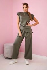 Komplet asymetryczna bluzka + spodnie khaki. Brązowe bluzki KESI, l, bez wzorów, z dresówki, biznesowe, z asymetrycznym kołnierzem, plus size, bez ramiączek. Za 342.93 zł.