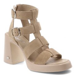 Sandały damskie Karino, cholewka ze skóry naturalnej welurowej wielopaskowa konstrukcja na stabilnym obcasie, beżowe, 5819/022-P. Brązowe botki Karino, bez wzorów, ze skóry, bez obcasa, bez zapięcia. Za 549.00 zł.