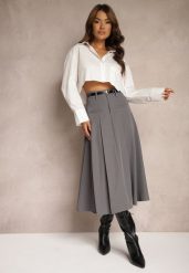 Szara Spódnica o Rozkloszowanym Kroju High Waist z Paskiem i Imitacją Kieszeni Rivivia. Szare spódnice Renee, na co dzień, l, bez wzorów, eleganckie, midi, dopasowane. W wyprzedaży za 119.99 zł.