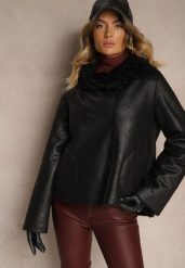 Czarna Pudełkowa Kurtka Biker z Szerokim Kołnierzem i Futrzaną Wyściółką Lioiala. Czarne kurtki Renee, l, bez wzorów, z futra, eleganckie, bez kaptura. Za 269.99 zł.