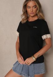 Czarny Bawełniany T-shirt z Koronkowymi Zdobieniami i Cekinami Drane. Czarne t-shirty Renee, m, z aplikacjami, z bawełny, eleganckie, bez kołnierzyka, bez ramiączek. W wyprzedaży za 47.99 zł.