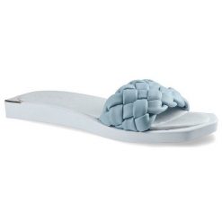 Klapki damskie Chebello, naturalna skóra licowa z szerokim plecionym paskiem wsuwaną konstrukcją oraz płaską podeszwą, niebieskie, 2609-366-PSK. Niebieskie klapki CheBello, bez wzorów, ze skóry, wakacyjne, bez obcasa, na płaskiej podeszwie, bez zapięcia. Za 199.00 zł.